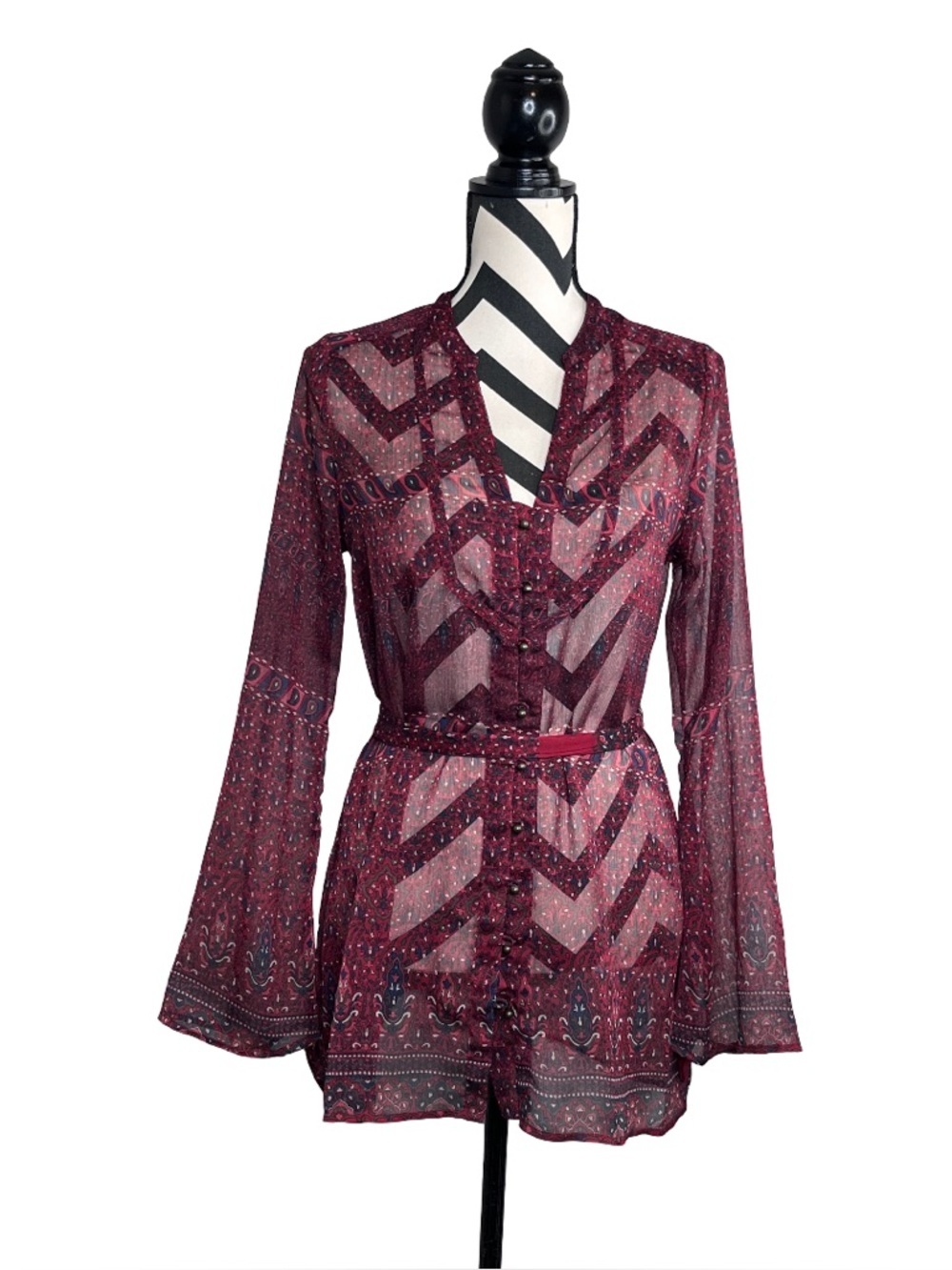 Y2K Festival Bell-Sleeve Sheer Mesh Burgundy Boho Peasant Tunic Top Sz S